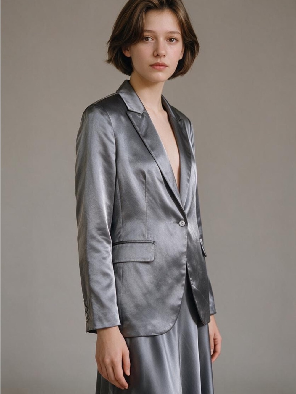Black satin Single-Button Women's Blazer and long skirt perfect for party